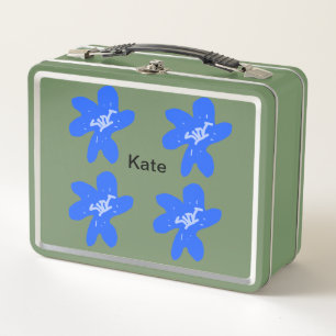 Blue floral pattern watercolor add name text metal lunch box