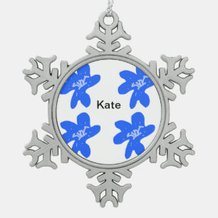 Blue floral pattern watercolor add name text snowflake pewter christmas ornament