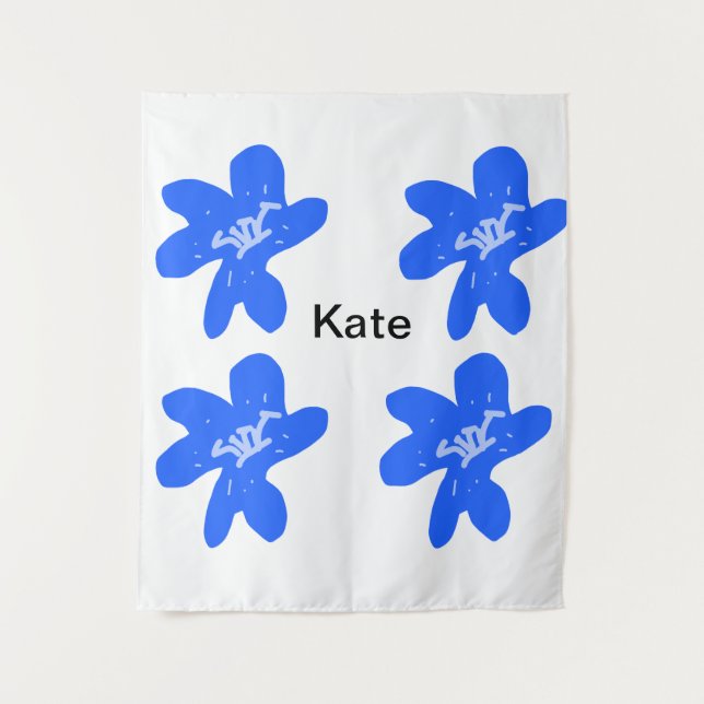 Blue floral pattern watercolor add name text tapestry (Front)