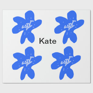 Blue floral pattern watercolor add name text wrapping paper