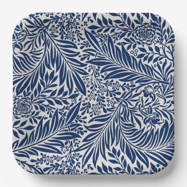 blue floral pattern with diverse leaves & blossoms paper plate (Front)