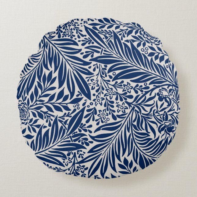 blue floral pattern with diverse leaves & blossoms round cushion (Front)