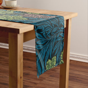 blue floral pattern with diverse leaves & blossoms short table runner