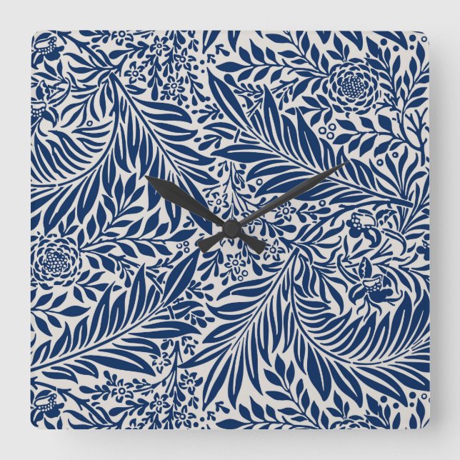 blue floral pattern with diverse leaves & blossoms square wall clock (Front)