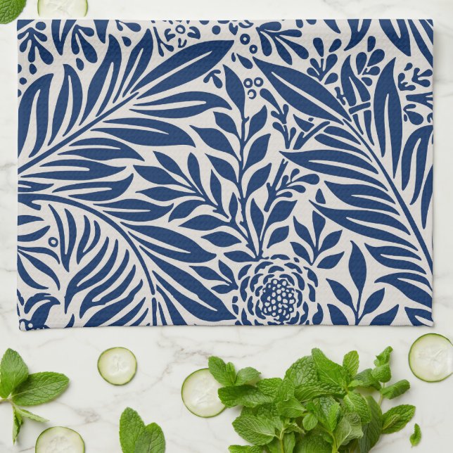 blue floral pattern with diverse leaves & blossoms tea towel (Folded)
