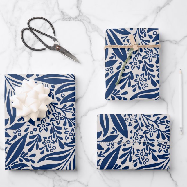 blue floral pattern with diverse leaves & blossoms wrapping paper sheet (Front)