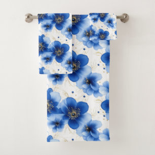 Blue Floral Pattern with Gold Accents Bath Towel Set