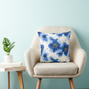 Blue Floral Pattern with Gold Accents Cushion
