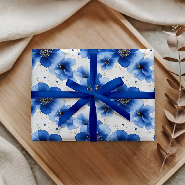 Blue Floral Pattern with Gold Accents Wrapping Paper (Creator Uploaded)