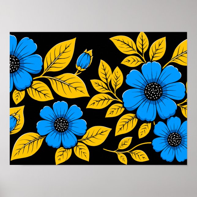 Blue Floral Pattern with Golden Leaves Poster (Front)