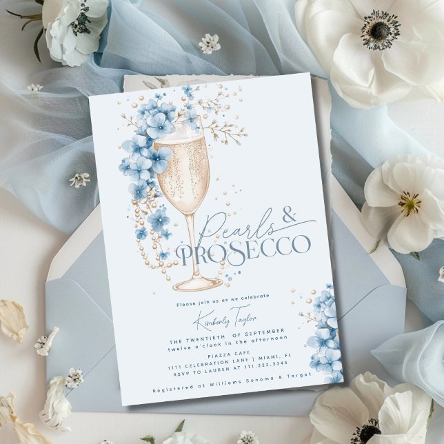 Blue Floral Pearls & Prosecco Bridal Shower Invitation (Creator Uploaded)