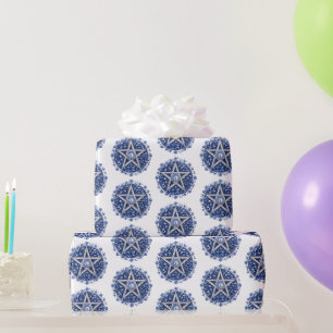Blue Floral Pentagram Witch White Halloween Wrapping Paper