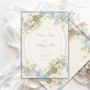 Blue Floral Peonies Romantic Elegant Wedding Invitation