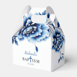 Blue floral peony flowers boy baptism Thank You Favour Box