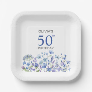 Blue Floral Personalised 50th Birthday Paper Plate