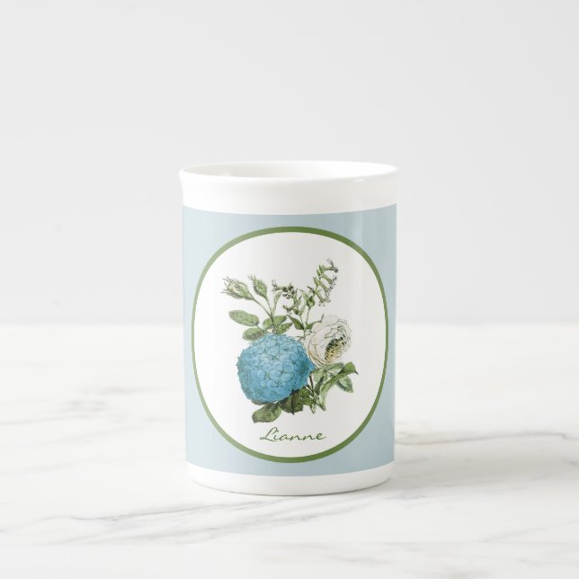 Blue Floral Personalised Bone China Mug (Front)