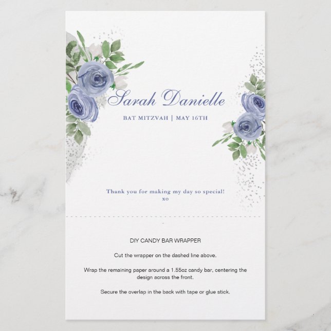 Blue Floral Personalised Candy Bar Wrapper (Front)