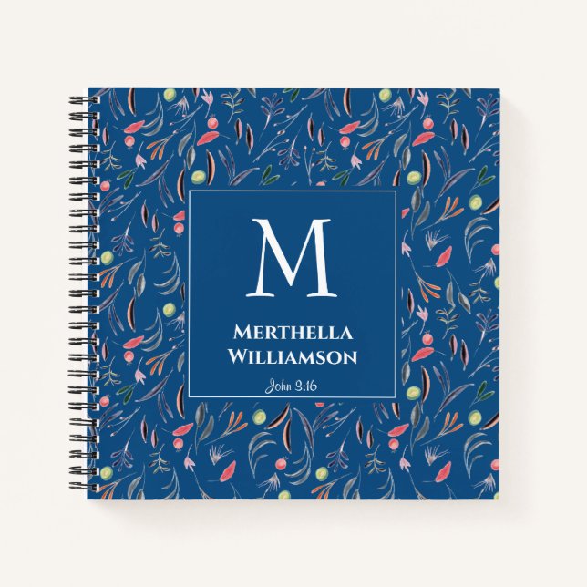 Blue | Floral Personalised | Elegant MONOGRAM Notebook (Front)