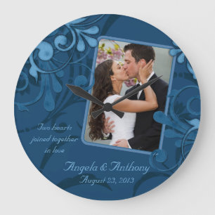 Blue Floral Personalised Photo Template Large Clock