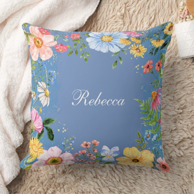 Blue Floral Personalised Throw Pillow (Blanket)