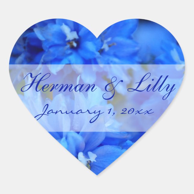 Blue Floral Personalised Wedding Heart Sticker (Front)