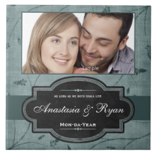 Blue Floral Personalised Wedding Photo Keepsake Tile