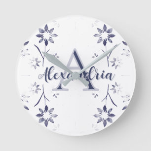 Blue Floral Personalized Monogram Name Round Clock