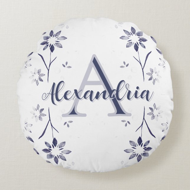 Blue Floral Personalized Monogram Name Round Cushion (Front)