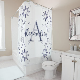 Blue Floral Personalized Monogram Name Shower Curtain