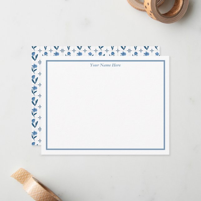 Blue Floral Personalized Note Cards (Front/Back In Situ)