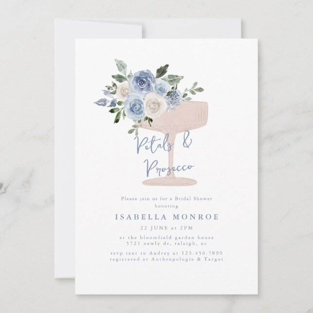 Blue Floral Petals and Prosecco Bridal Shower Invitation (Front)