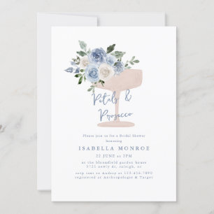 Blue Floral Petals and Prosecco Bridal Shower Invitation