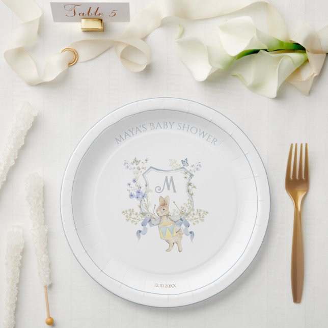Blue Floral Peter the Rabbit Monogram Baby Shower Paper Plate (Wedding)