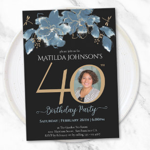 Blue Floral Photo 40th Birthday Invitation