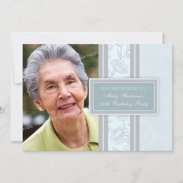 Blue Floral Photo 80th Birthday Party Invitations (Front)