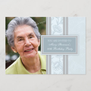 Blue Floral Photo 80th Birthday Party Invitations