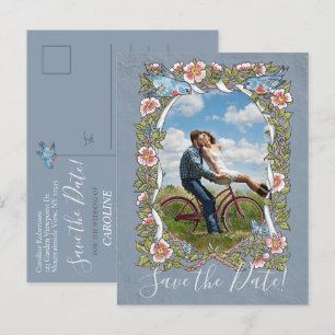 Blue Floral Photo Bird Country Rustic Save Date Announcement Postcard