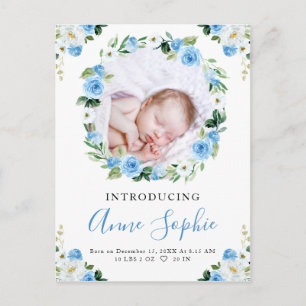 Blue Floral Photo Birth Announcement & Thank You Postcard
