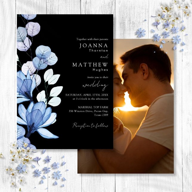 Blue Floral Photo Black and White Wedding Invitation (Blue Floral Photo Black and White Wedding Invitation)
