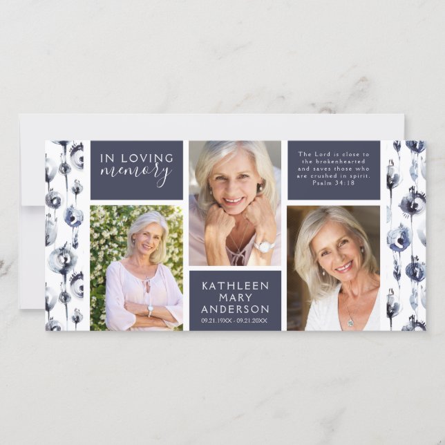 Blue Floral Photo Collage Funeral Sympathy Thank You Card (Front)