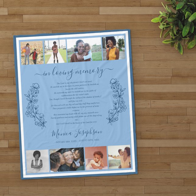 Blue Floral Photo Collage Psalm Memorial Fleece Blanket (Creator Uploaded)
