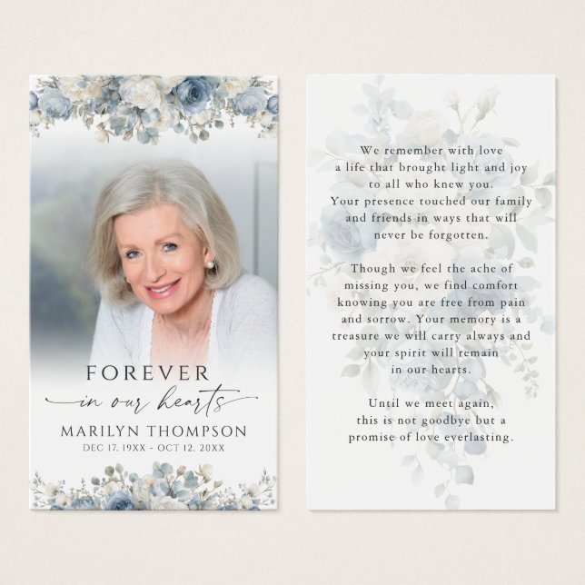 Blue Floral Photo Funeral Prayer Card (Front & Back)