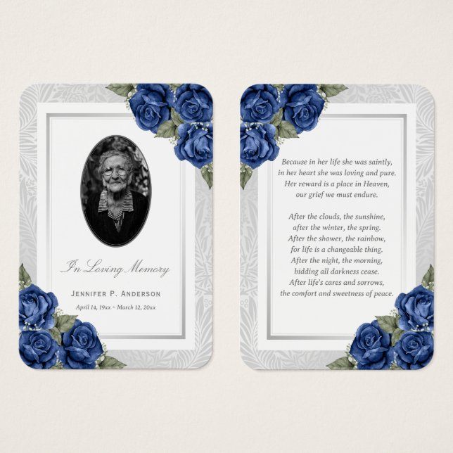 Blue Floral Photo Funeral Prayer Card (Front & Back)