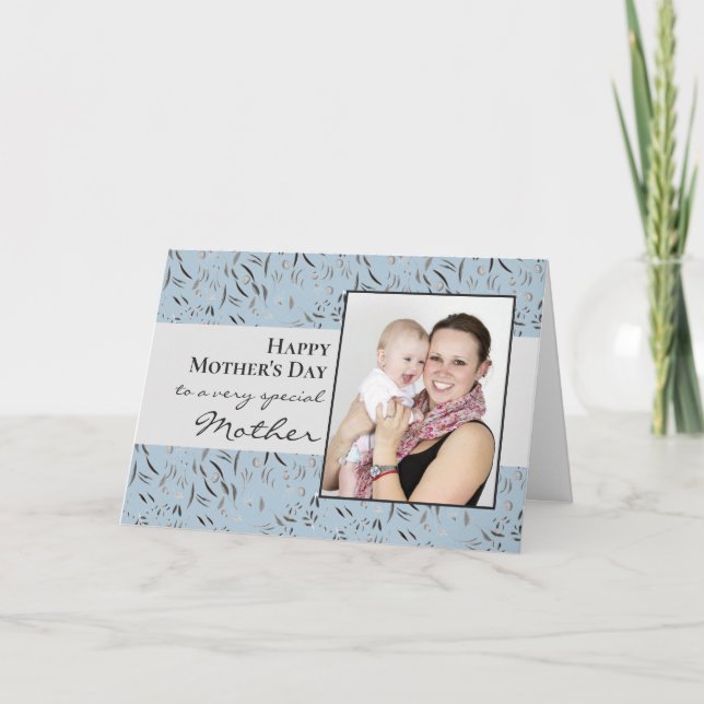 Blue Floral Photo Happy Mothers Day Card (Front)