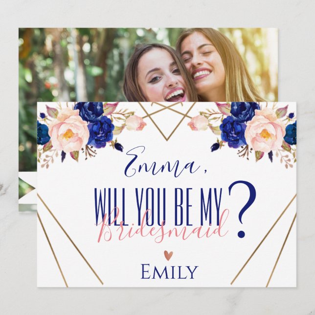 Blue Floral Photo I can't Tie The Knot Without You Invitation (Front/Back)