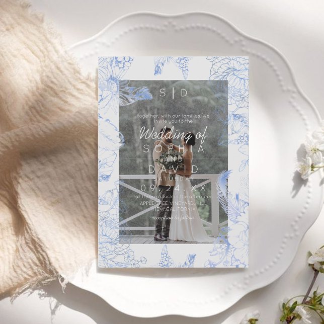 Blue Floral Photo Modern Wedding  Invitation (Creator Uploaded)