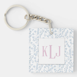Blue Floral Photo Square (double-sided) Keychain