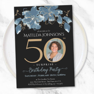 Blue Floral Photo Surprise 50th Birthday Party Invitation