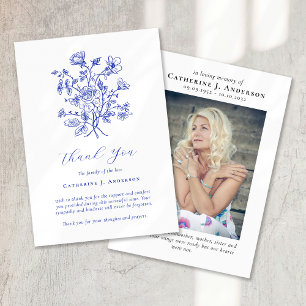 Blue Floral Photo Sympathy Funeral Memorial Thank You Card
