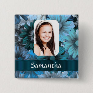 Blue floral photo template 15 cm square badge